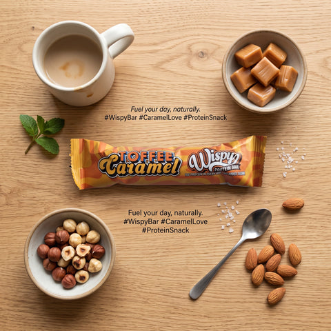 Baton proteinowy Guiltfree Wispy Toffee Caramel w opakowaniu na drewnianym stole z kawą, orzechami i kawałkami karmelu.