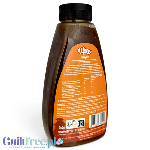 Butelka sosu Wispy Nutrition Zero Sauce Teriyaki o pojemności 440g z etykietą zawierającą informacje żywieniowe.