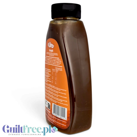 Butelka sosu Guiltfree Wispy Zero Sauce Teriyaki o ciemnej konsystencji, idealna do dań azjatyckich bez cukru.