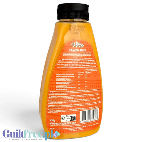Tylna etykieta wegańskiego sosu Guiltfree Wispy Zero Sauce Chipotle Mayo z informacjami o wartościach odżywczych