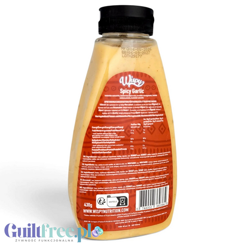 Guiltfree Wispy Zero Sauce Spicy Garlic w dużej butelce 430g z widoczną etykietą informacyjną i składem produktu