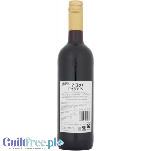 Guiltfree Zero Regrets Primitivo 0.0% bezalkoholowe czerwone wino z Włoch, etykieta z tyłu butelki 750ml
