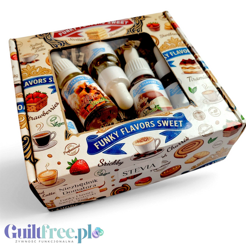 Zestaw pięciu aromatów spożywczych Guiltfree Funky Flavors Sweet Stevia w ozdobnym pudełku Niezbędnik Domatora