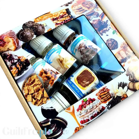 Zestaw sześciu aromatów spożywczych Funky Flavors Sweet w pudełku prezentowym od Guiltfree, idealne do fit deserów.