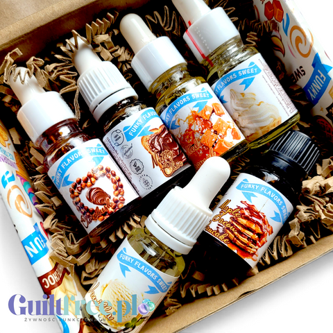 Zestaw 6 aromatów Funky Flavors Sweet w pudełku Guiltfree, zawierający smaki czekoladowe, karmelowe i waniliowe.