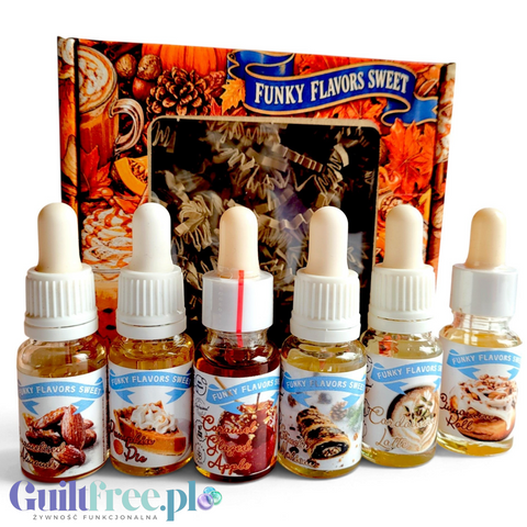 Zestaw sześciu kropelek smakowych Guiltfree Funky Flavors Sweet o jesiennych aromatach w ozdobnym pudełku