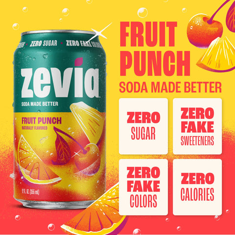 Puszka napoju gazowanego Zevia Fruit Punch o smaku owocowym, bez cukru i kalorii, na żółtym tle z grafiką owoców.