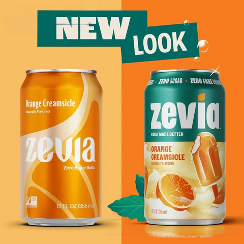 Puszki napoju gazowanego Zevia Orange Creamsicle bez cukru, z grafiką pomarańczy i lodów na patyku na pomarańczowym tle.