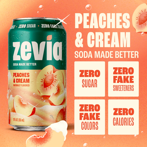 Puszka napoju gazowanego Zevia Peaches & Cream o smaku brzoskwiniowym, bez cukru i kalorii, na brzoskwiniowym tle.
