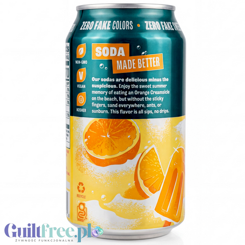 Puszka napoju gazowanego Zevia Orange Creamsicle z grafiką pomarańczy i lodów na patyku na zielono-żółtym tle.
