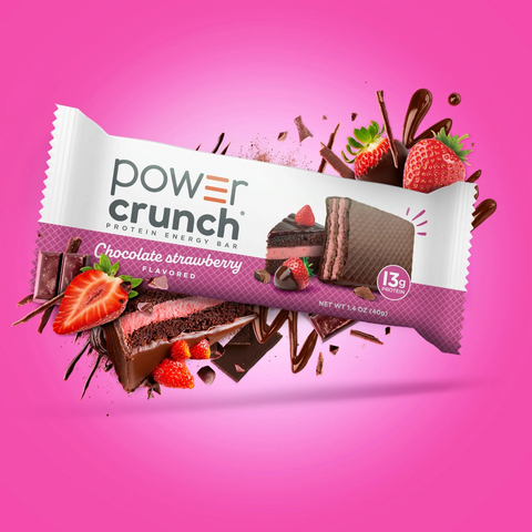 Guiltfree Power Crunch wafelek proteinowy o smaku truskawki i czekolady w opakowaniu z grafiką owoców i czekolady